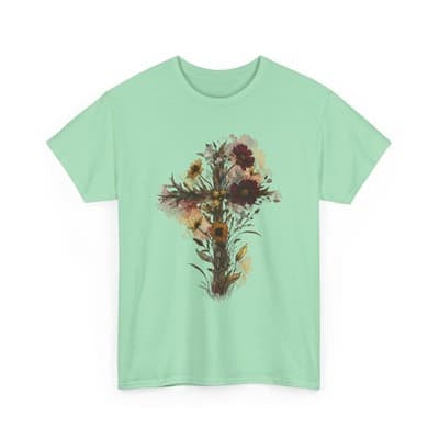 Floral Cross Tee | Watercolor Wildflowers, Botanical Faith Shirt - Thumbnail 4
