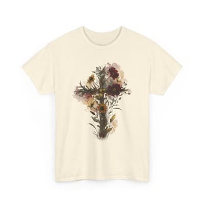 Floral Cross Tee | Watercolor Wildflowers, Botanical Faith Shirt - Thumbnail 4