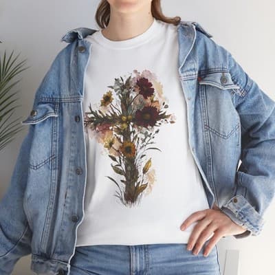 Floral Cross Tee | Watercolor Wildflowers, Botanical Faith Shirt - Thumbnail 8