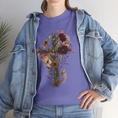 Floral Cross Tee | Watercolor Wildflowers, Botanical Faith Shirt - Thumbnail 8