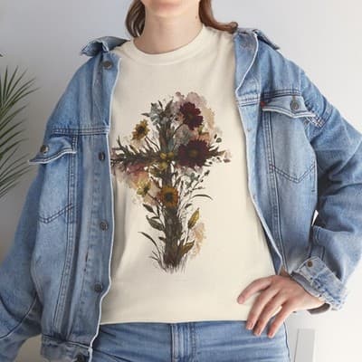 Floral Cross Tee | Watercolor Wildflowers, Botanical Faith Shirt - Thumbnail 8