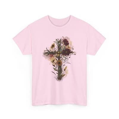 Floral Cross Tee | Watercolor Wildflowers, Botanical Faith Shirt - Thumbnail 4