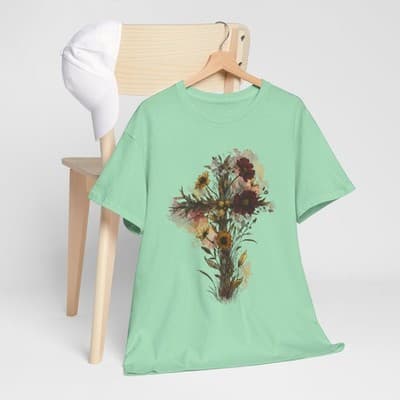 Floral Cross Tee | Watercolor Wildflowers, Botanical Faith Shirt - Thumbnail 7