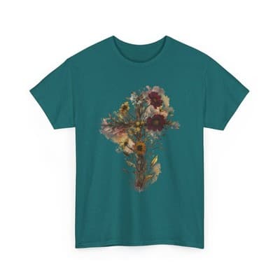Floral Cross Tee | Watercolor Wildflowers, Botanical Faith Shirt - Thumbnail 4