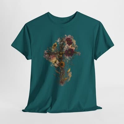 Floral Cross Tee | Watercolor Wildflowers, Botanical Faith Shirt