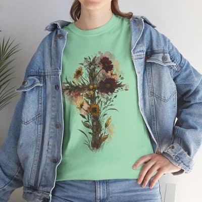 Floral Cross Tee | Watercolor Wildflowers, Botanical Faith Shirt - Thumbnail 8
