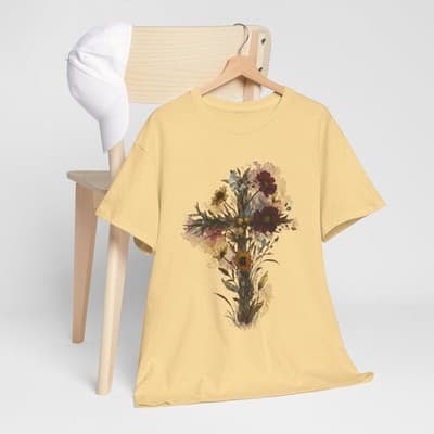 Floral Cross Tee | Watercolor Wildflowers, Botanical Faith Shirt - Thumbnail 7