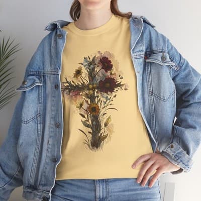 Floral Cross Tee | Watercolor Wildflowers, Botanical Faith Shirt - Thumbnail 8