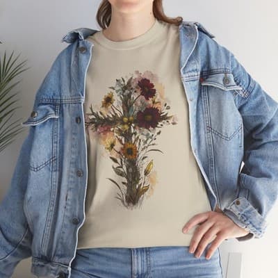 Floral Cross Tee | Watercolor Wildflowers, Botanical Faith Shirt - Thumbnail 8