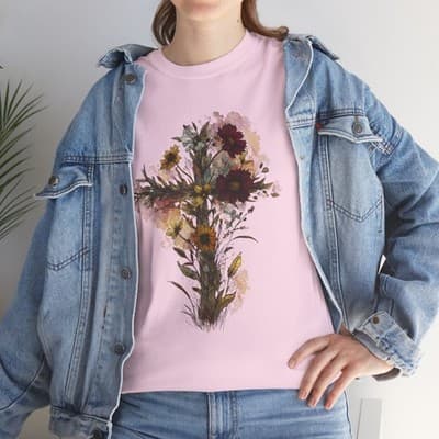 Floral Cross Tee | Watercolor Wildflowers, Botanical Faith Shirt - Thumbnail 8