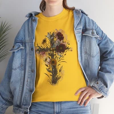 Floral Cross Tee | Watercolor Wildflowers, Botanical Faith Shirt - Thumbnail 8