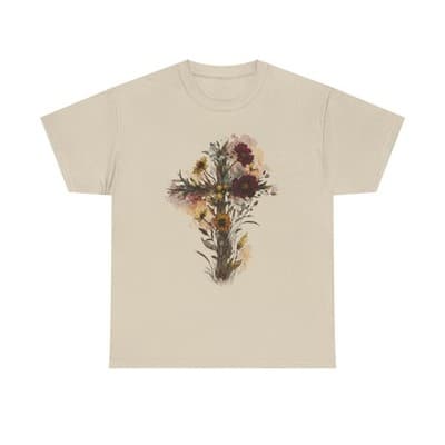 Floral Cross Tee | Watercolor Wildflowers, Botanical Faith Shirt - Thumbnail 2