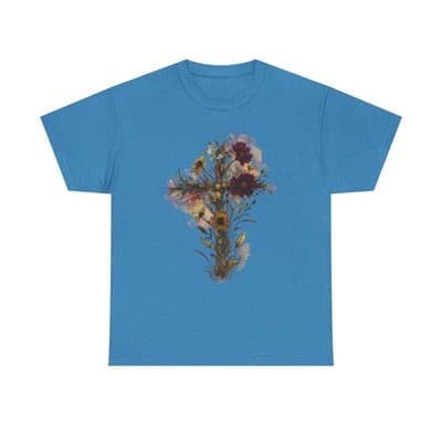 Floral Cross Tee | Watercolor Wildflowers, Botanical Faith Shirt - Thumbnail 2
