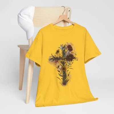 Floral Cross Tee | Watercolor Wildflowers, Botanical Faith Shirt - Thumbnail 7