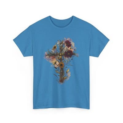 Floral Cross Tee | Watercolor Wildflowers, Botanical Faith Shirt - Thumbnail 4