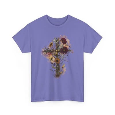 Floral Cross Tee | Watercolor Wildflowers, Botanical Faith Shirt - Thumbnail 4