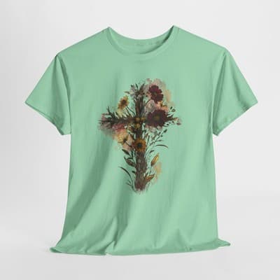 Floral Cross Tee | Watercolor Wildflowers, Botanical Faith Shirt
