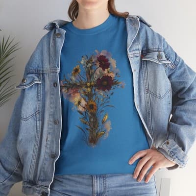 Floral Cross Tee | Watercolor Wildflowers, Botanical Faith Shirt - Thumbnail 8