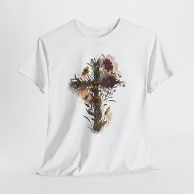 Floral Cross Tee | Watercolor Wildflowers, Botanical Faith Shirt