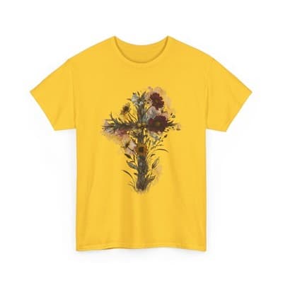 Floral Cross Tee | Watercolor Wildflowers, Botanical Faith Shirt - Thumbnail 4