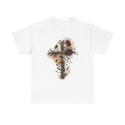 Floral Cross Tee | Watercolor Wildflowers, Botanical Faith Shirt - Thumbnail 2