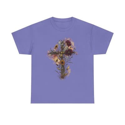Floral Cross Tee | Watercolor Wildflowers, Botanical Faith Shirt - Thumbnail 2