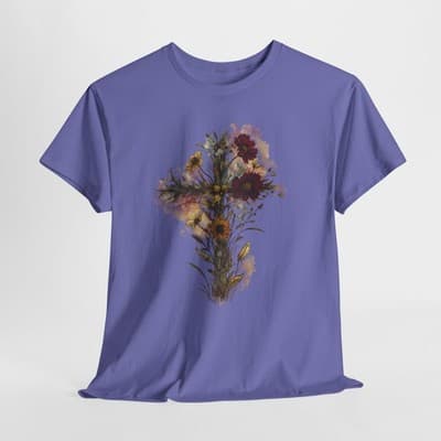 Floral Cross Tee | Watercolor Wildflowers, Botanical Faith Shirt