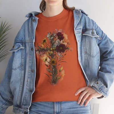 Floral Cross Tee | Watercolor Wildflowers, Botanical Faith Shirt - Thumbnail 8