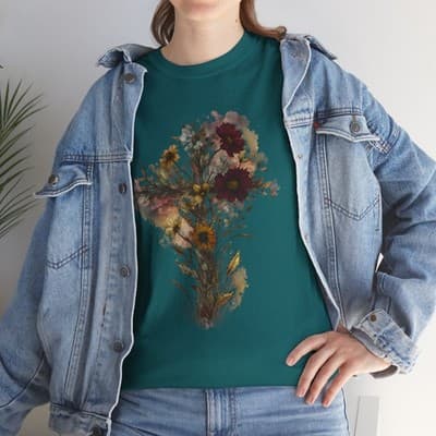 Floral Cross Tee | Watercolor Wildflowers, Botanical Faith Shirt - Thumbnail 8