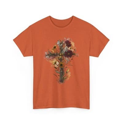 Floral Cross Tee | Watercolor Wildflowers, Botanical Faith Shirt - Thumbnail 4