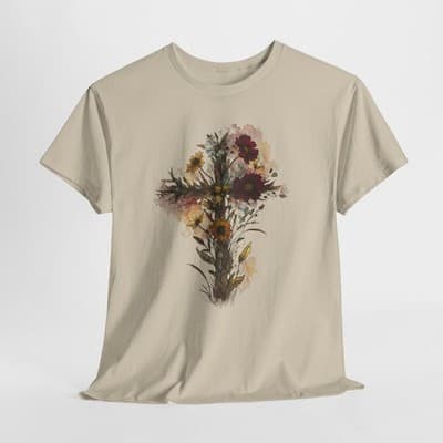 Floral Cross Tee | Watercolor Wildflowers, Botanical Faith Shirt