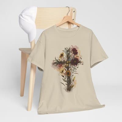 Floral Cross Tee | Watercolor Wildflowers, Botanical Faith Shirt - Thumbnail 7