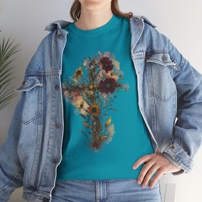 Floral Cross Tee | Watercolor Wildflowers, Botanical Faith Shirt - Thumbnail 8