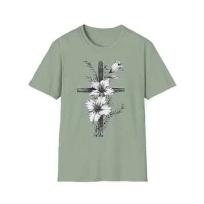 Monochrome Floral Cross T-Shirt | Botanical Cross Tee