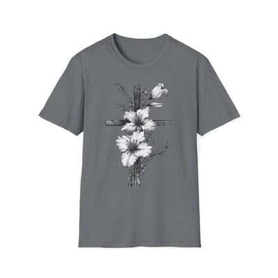 Monochrome Floral Cross T-Shirt | Botanical Cross Tee