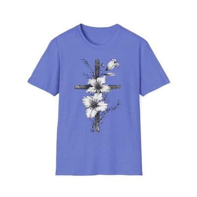 Monochrome Floral Cross T-Shirt | Botanical Cross Tee