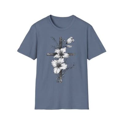 Monochrome Floral Cross T-Shirt | Botanical Cross Tee