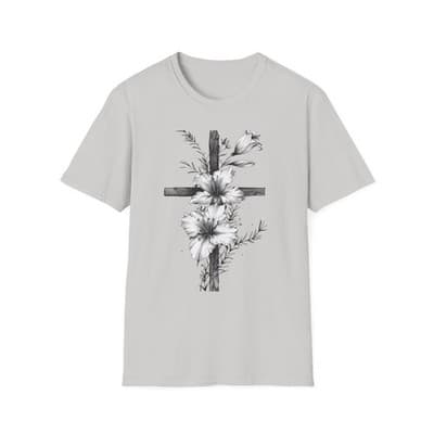 Monochrome Floral Cross T-Shirt | Botanical Cross Tee