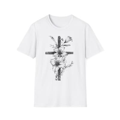 Monochrome Floral Cross T-Shirt | Botanical Cross Tee