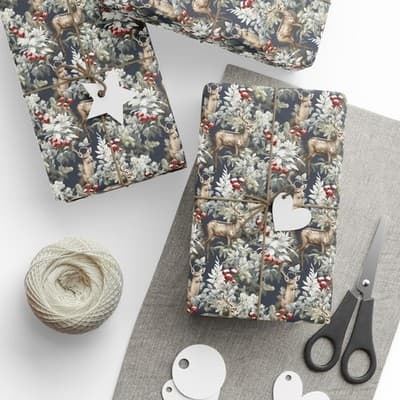 Woodland Deer Christmas Wrapping Paper Rustic Holiday Gift Wrap Winter Wildlife - Thumbnail 3