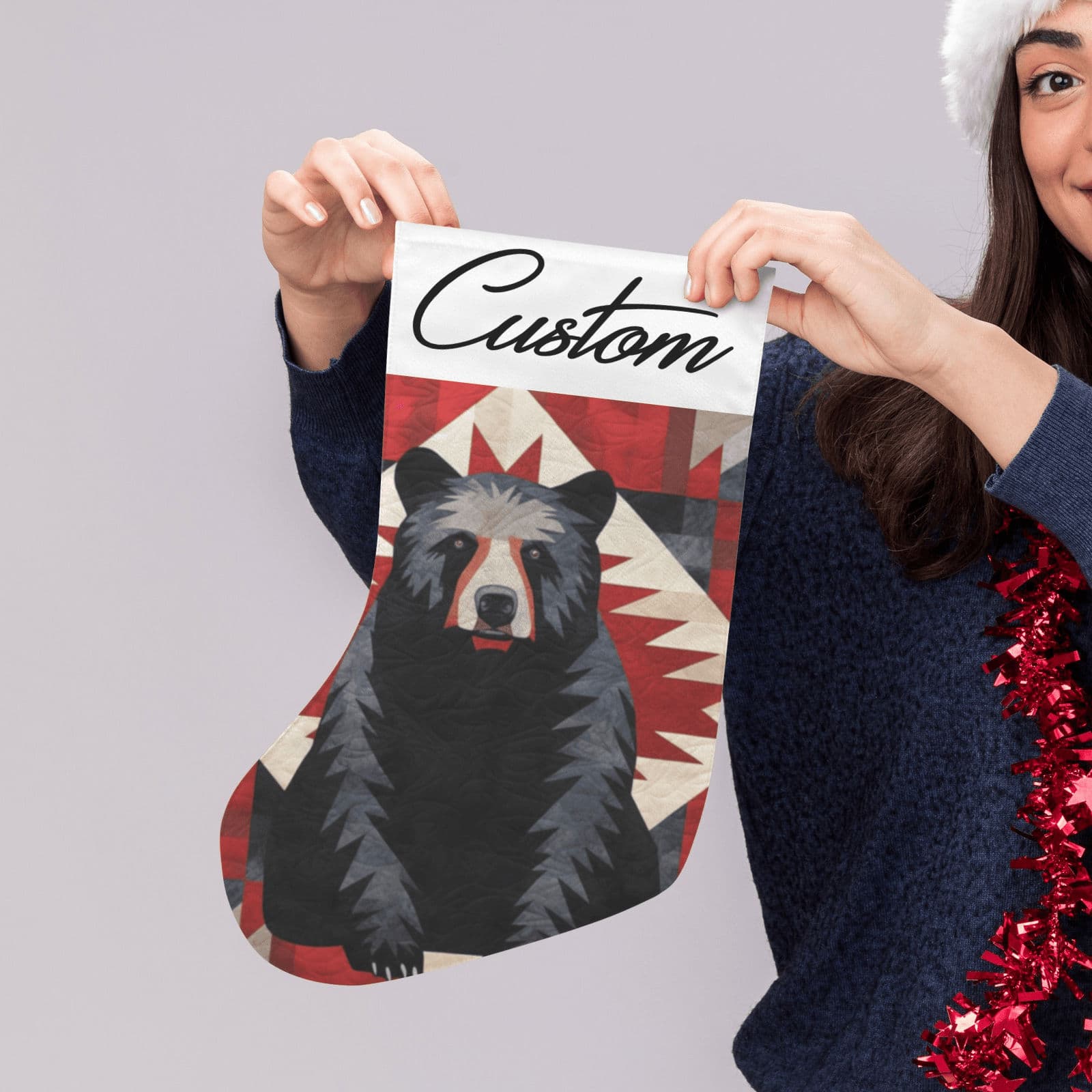Custom Bear Christmas Stocking Geometric Pattern Holiday Decor Rustic - Thumbnail 5