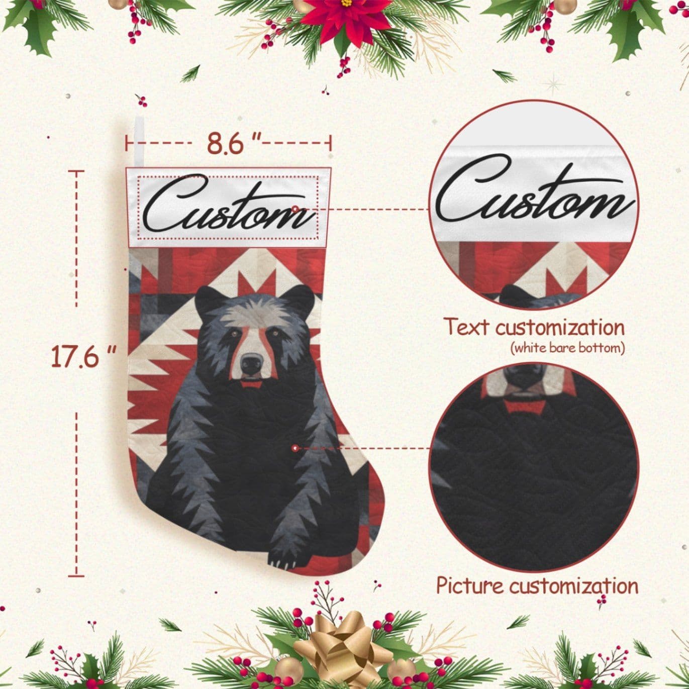 Custom Bear Christmas Stocking Geometric Pattern Holiday Decor Rustic - Thumbnail 2