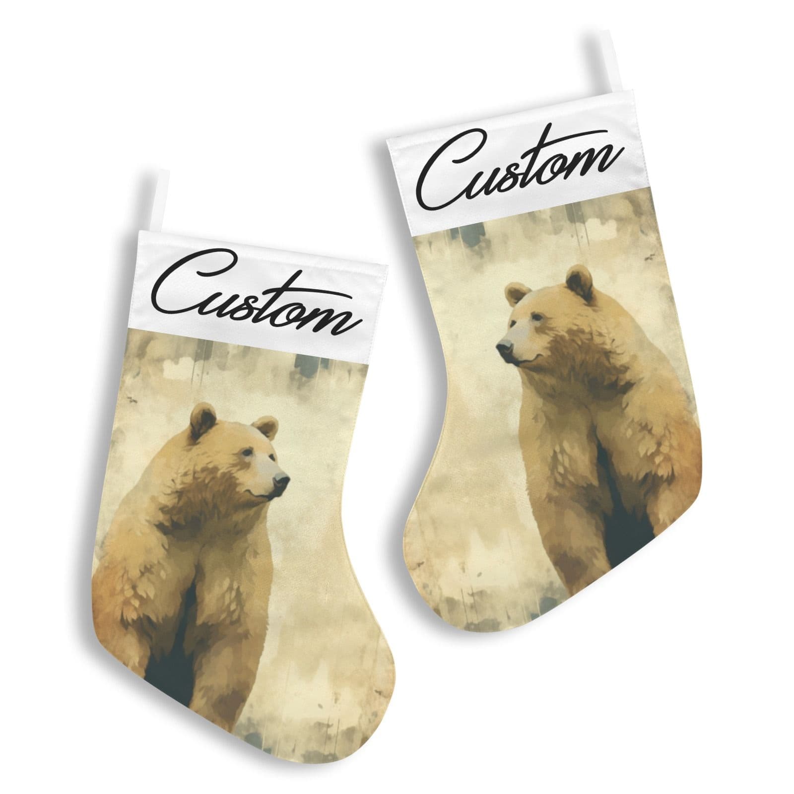 Custom Christmas Stocking Bear Art Personalized Holiday Xmas Decor Brown 17.6" - Thumbnail 3