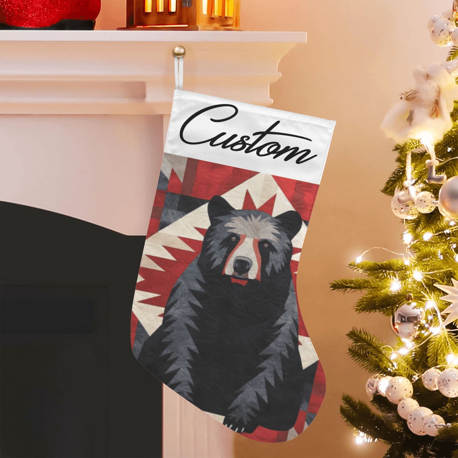 Custom Bear Christmas Stocking Geometric Pattern Holiday Decor Rustic - Thumbnail 4