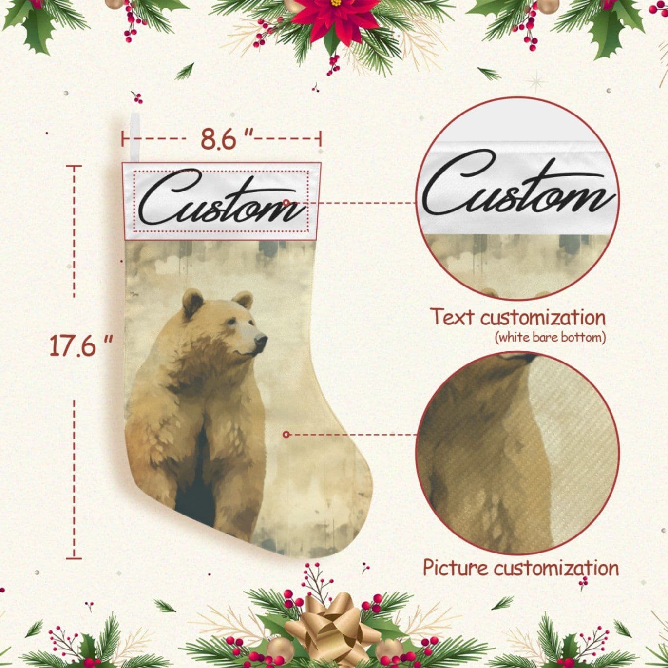 Custom Christmas Stocking Bear Art Personalized Holiday Xmas Decor Brown 17.6" - Thumbnail 4