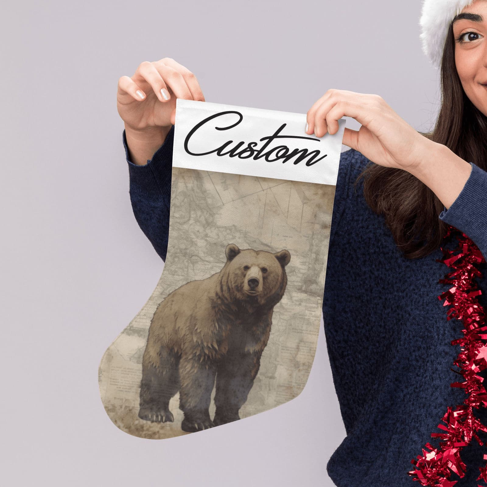 Custom Personalized Brown Bear Christmas Stocking 17.6 Inch Holiday Decor - Thumbnail 4