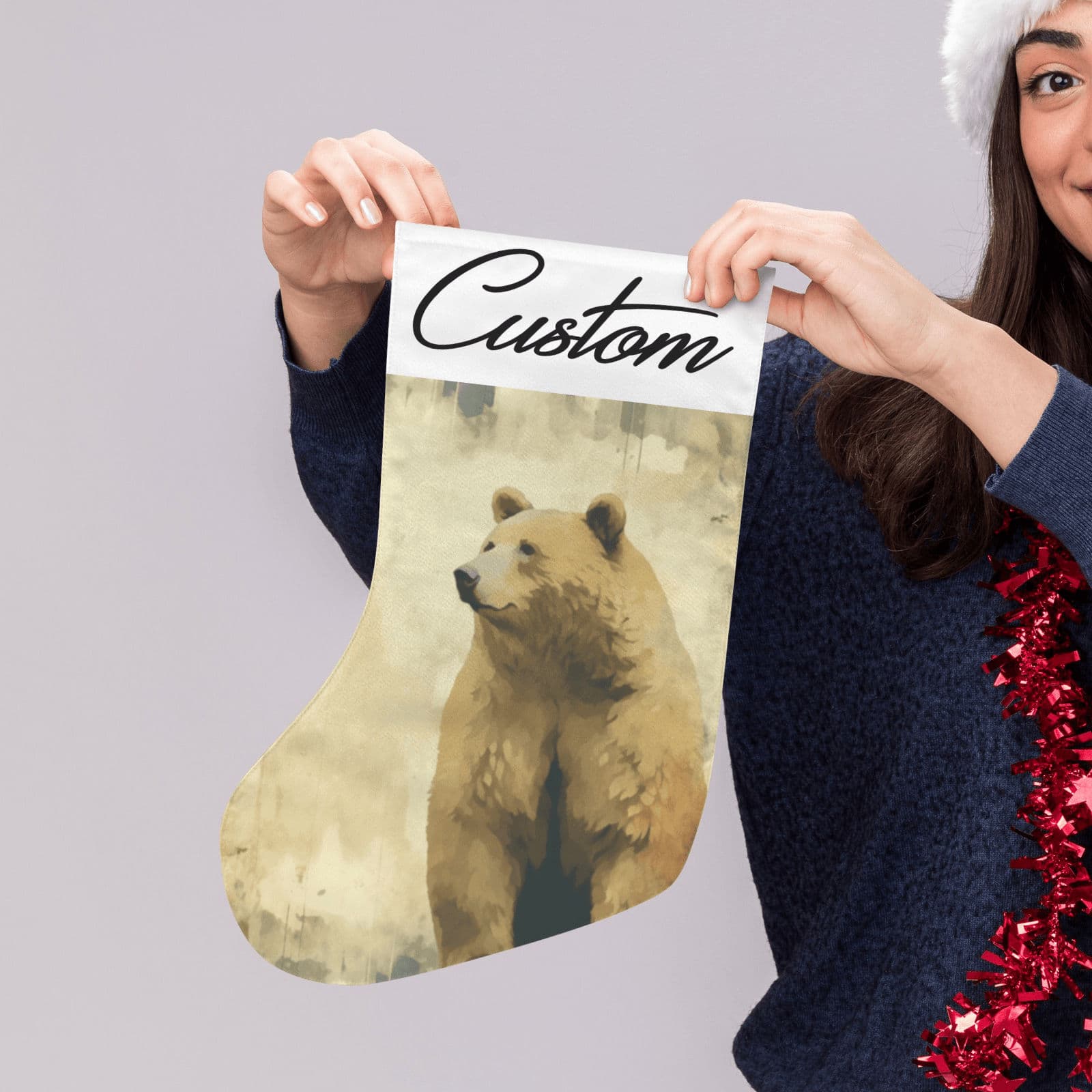 Custom Christmas Stocking Bear Art Personalized Holiday Xmas Decor Brown 17.6" - Thumbnail 5