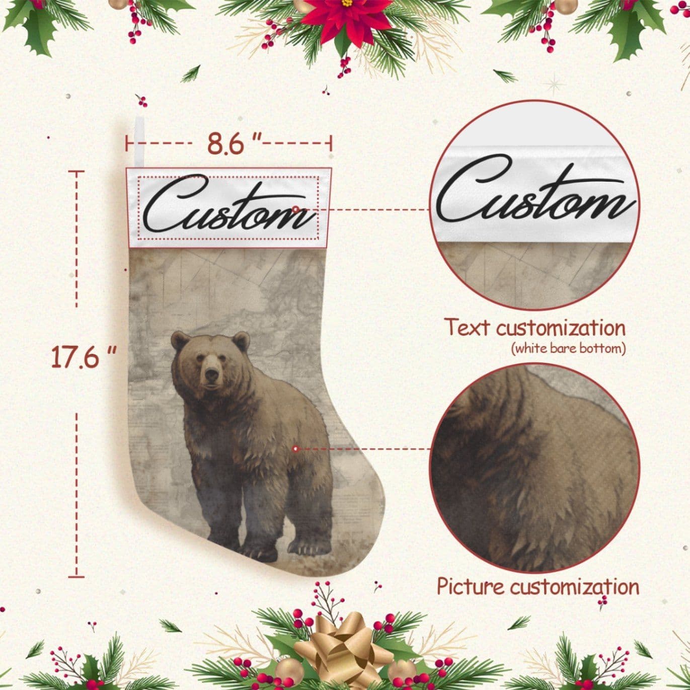 Custom Personalized Brown Bear Christmas Stocking 17.6 Inch Holiday Decor - Thumbnail 2