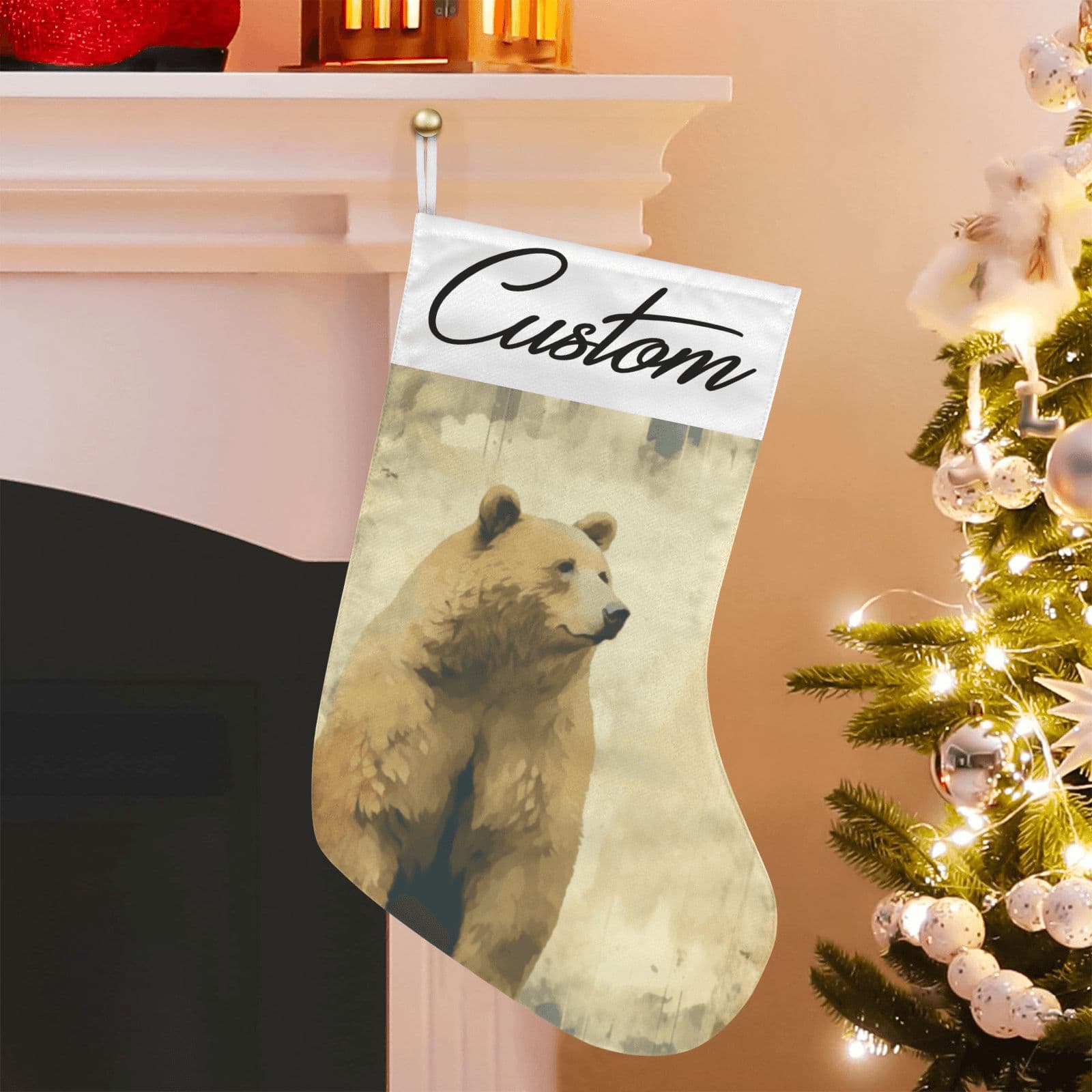 Custom Christmas Stocking Bear Art Personalized Holiday Xmas Decor Brown 17.6" - Thumbnail 2