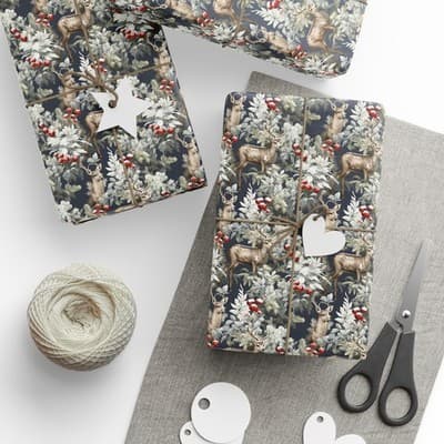 Woodland Deer Christmas Wrapping Paper Rustic Holiday Gift Wrap Winter Wildlife